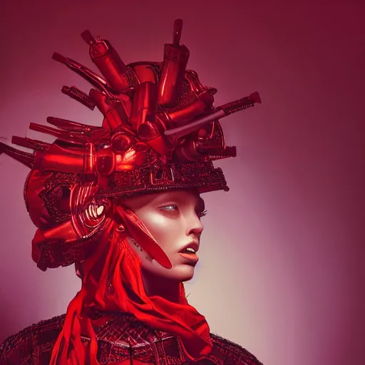 Prompt: female fashion model in year 3000 in a cave, model wearing a surreal Avant-garde helmet in red, dramatic lighting,photography , official Versace editorial , highly detailed