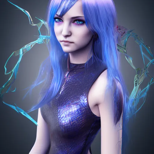 Image similar to portrait of young girl half dragon half human , dragon skin, dragon eyes, dragon crown, blue hair, long hair, highly detailed 3D render, 8k, rpg character, jrpg character, manga, anime,David Lynch