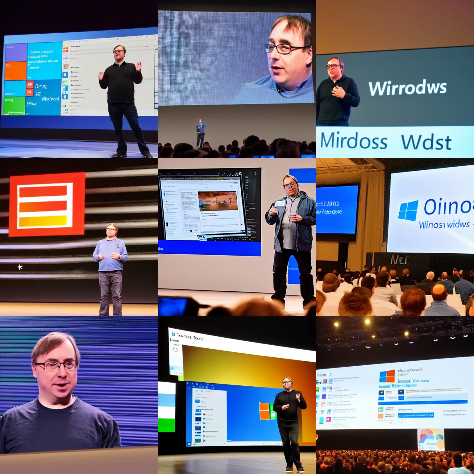 Prompt: linus torvalds presents the release of microsoft windows 1 1 on stage