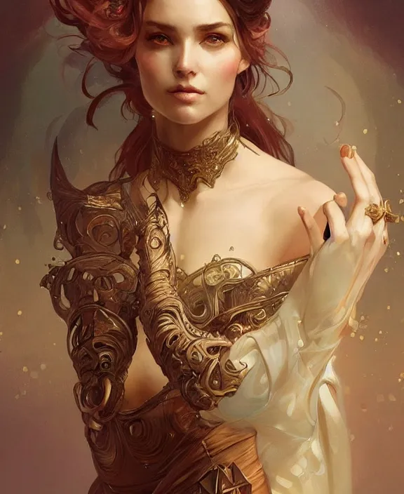 Image similar to portrait of a fantasy woman, half body, d & d, fantasy, intricate, elegant, highly detailed, digital painting, artstation, concept art, art by artgerm and greg rutkowski and alphonse mucha