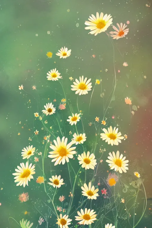 Prompt: beautiful digital matter cinematic painting of whimsical botanical illustration daisies and bokeh by greg rutkowki and alena aenami artstation