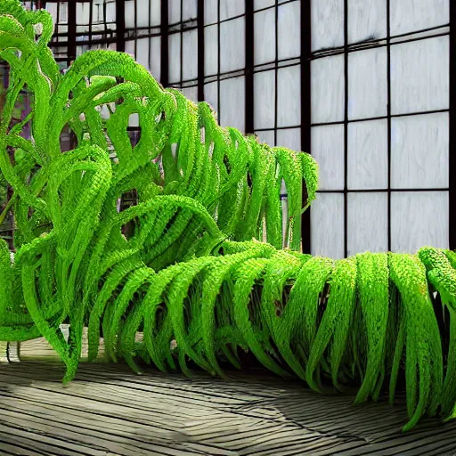 Image similar to wide shot several green and violet poisonous spiked tentacula vines grow from a pot, on wooden table in the ray of sunshine in greenhouse, digital art, hyper realistic, sharp focus, high detailed, calm, warm lighting, by Rutkowsky