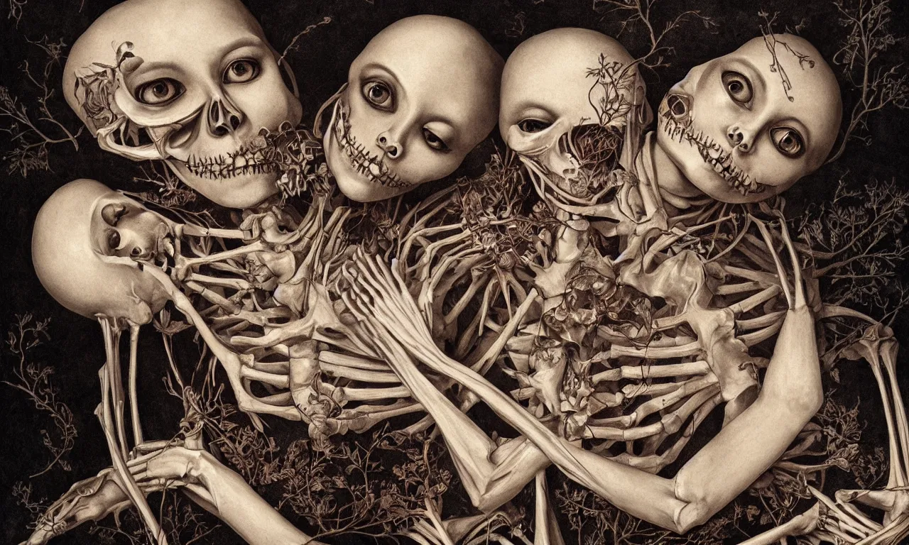 Prompt: intertwined bodies with large eyes and lips laying in bed, feeling an existential dread of love, HD Mixed media, highly detailed and intricate, skeletal, botany, surreal illustration in the style of Caravaggio, baroque dark art