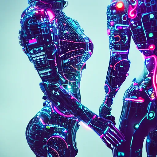 Prompt: love, diverse neural cybersuits, from behind, connection rituals, wide wide angle, vivid, elaborate, highly detailed, beautiful lighting