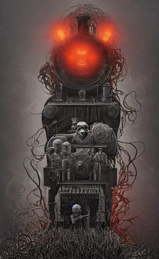 Image similar to thomas the tank engine in style of zdzisław beksinski, extremely dramatic lighting, 8 k, tendrils, black, darkness, black slime tendrils, infected, rust, body horror, thomas the train, thomas the tank engine face, horror,