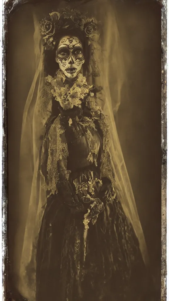 Image similar to tintype full body view, young woman in veiled dia de muertos dress and make up, horrific beautiful vibe, evocative, atmospheric lighting, painted, intricate, highly detailed,