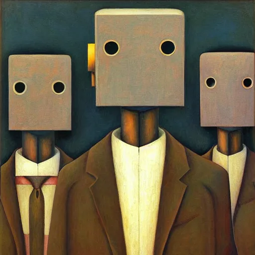 Image similar to three brutalist robot judges portrait, grant wood, pj crook, edward hopper, oil on canvas