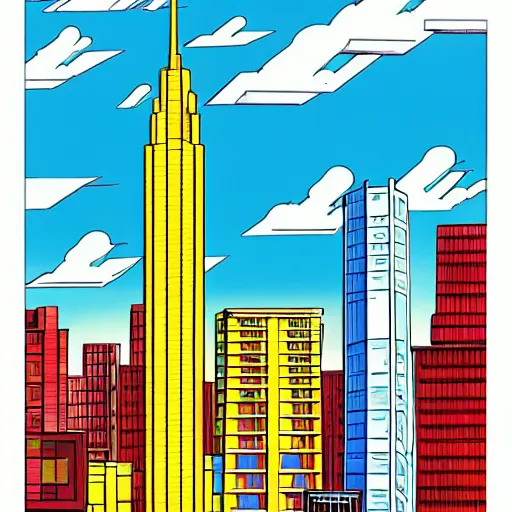 Prompt: red - yellow - blue building, skyscraper shaped like rocket ship, aquamarine windows, megatall building, tallest building in history, peak of building above clouds, anime, 2 0 0 1 anime, colorful building, cel - shading, cel - shaded