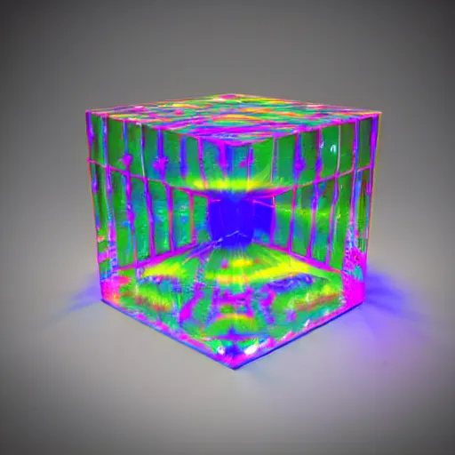 Prompt: 3 d render of an ultrarealistic photograph of a very clear and crystal cube with a high - powered laser shooting light into the cube and dispersing full spectrum rainbow light beautifully into onto the surrounding surfaces, light dispersion, light effects, 3 d render, octane render, luxcore render, visual caustics, light dispersion, 8 k