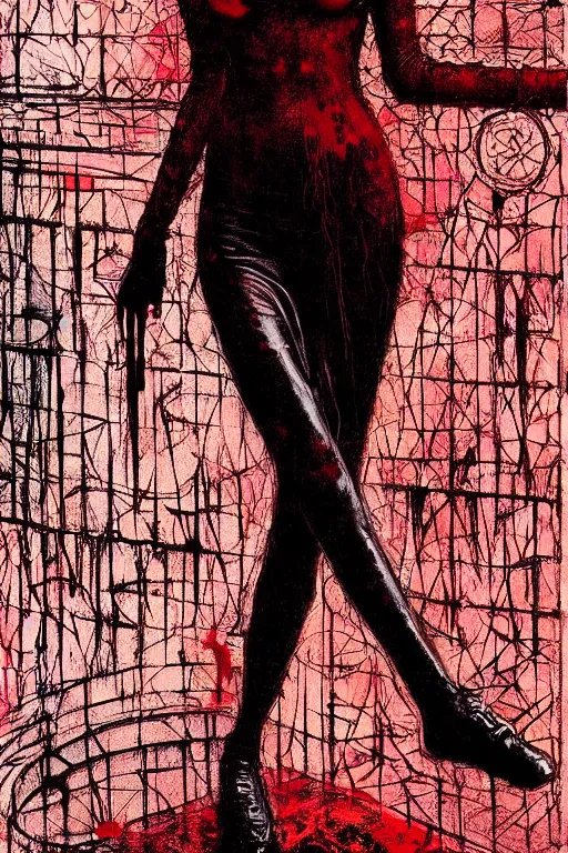 Image similar to dreamy gothic girl, long black leather, wet red brush, beautiful woman body, detailed acrylic, grunge, intricate complexity, by dan mumford and by alberto giacometti, peter lindbergh