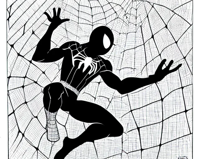 Image similar to photorealistic sketch of black spider - man with gold webbing by steve ditko