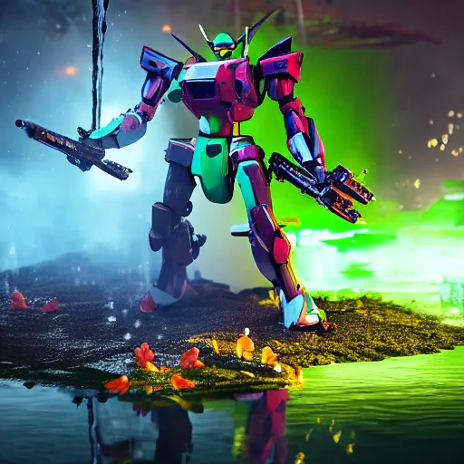 Image similar to frog gundam combat mech stepping out of a pond with a lazer rifle dripping water. over - under, brightly lit scene. this 8 k hd resolution, trending on artstation, featured on behance, well rendered, extra crisp, features intricate detail, epic composition and the style of unreal engine, national geographic, bandai box art.