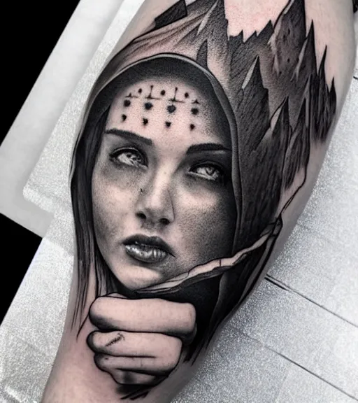 Prompt: creative blend effect of beautiful mountain scenery with a beautiful woman face, tattoo design sketch, hyper - realistic, in the style of matteo pasqualin, amazing detail, black and white