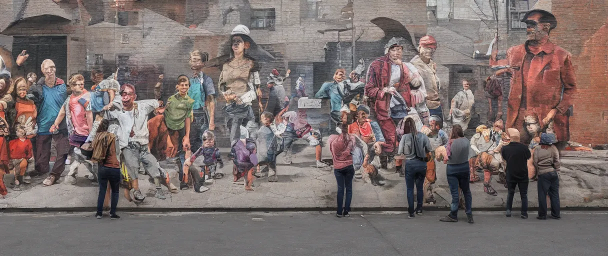 Prompt: highly detail people watch some educational mural about city history in wall near local stadium, 8 k uhd, rgba color, by banksy, fintan magee