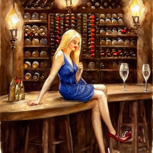 Prompt: beautiful blonde in hot dress in a wine cellar, food, pork, beer, schnapps, rustic, traditional, torches on the wall, watercolor by vladimir volegov, highly detailed, masterpiece