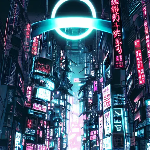 Image similar to Perfect circle portal leading to a vast neon cyberpunk Tokyo in style of Tsutomu Nihei. Cyberpunk, vertical symmetry, 8K, Highly Detailed, Intricate, Vivid.