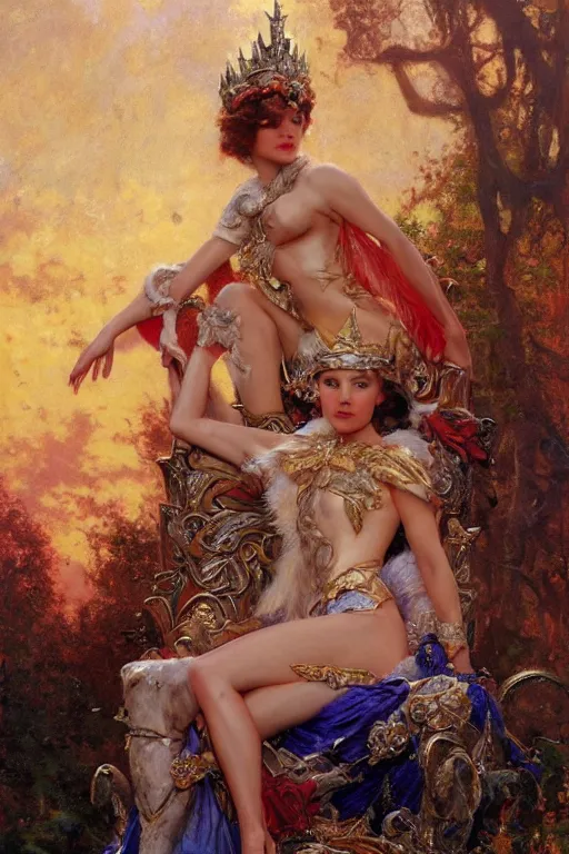 Image similar to full body portrait of forest queen astride her throne, highly detailed painting by gaston bussiere, craig mullins, j. c. leyendecker, 8 k, mid shot