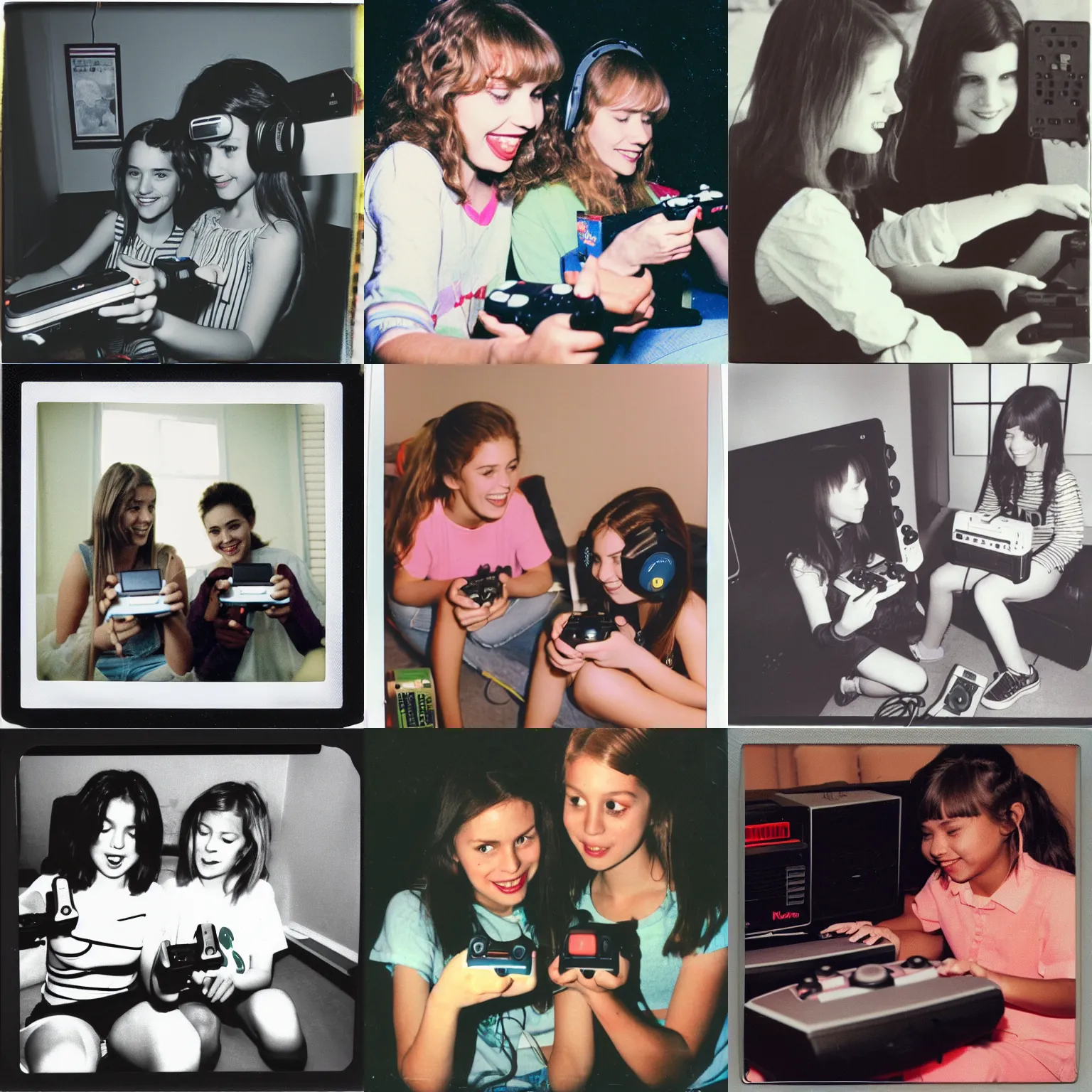 Prompt: 1990s polaroid of two girls playing videogames together