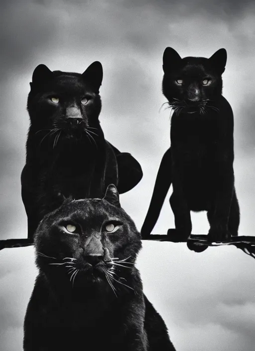 Image similar to two black panthers black and white portrait white sky in background