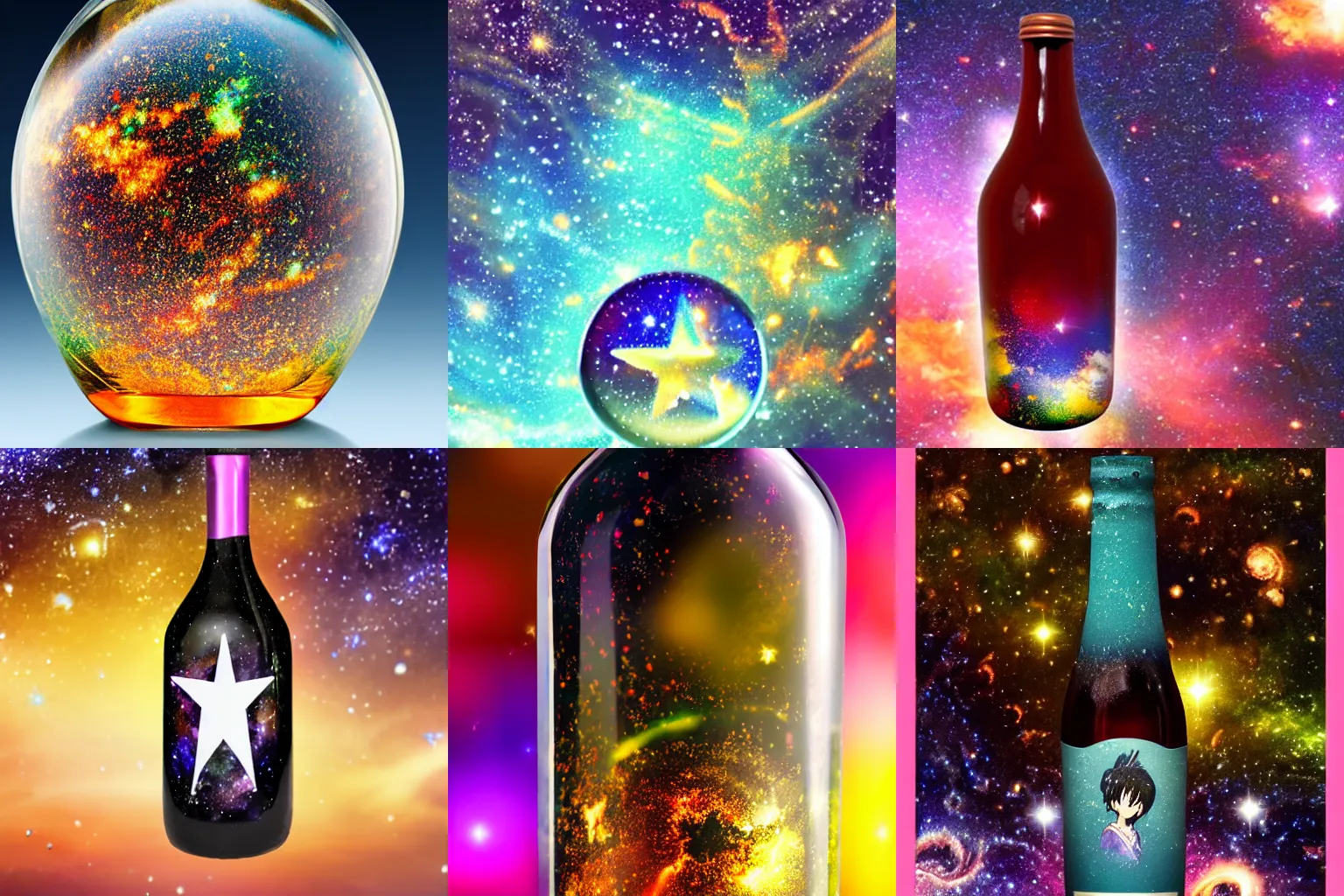 Prompt: A galaxy in a corked glass bottle, anime style