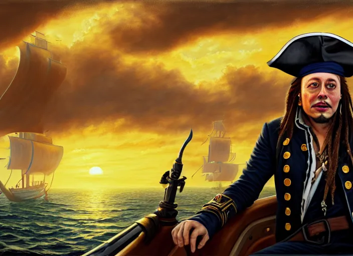 Image similar to highly detailed painting of a sly Elon Musk as a dread pirate captain, proudly posing at the helm of his frigate wearing a pirate hat at sunset, artstation, cinematic lighting, hyperdetailed, cgsociety, 8k, high resolution, insanely detailed and intricate, concept art, smooth, sharp focus, illustration, art by John Collier and Albert Aublet and Krenz Cushart and Artem Demura and Alphonse Mucha, masterpiece