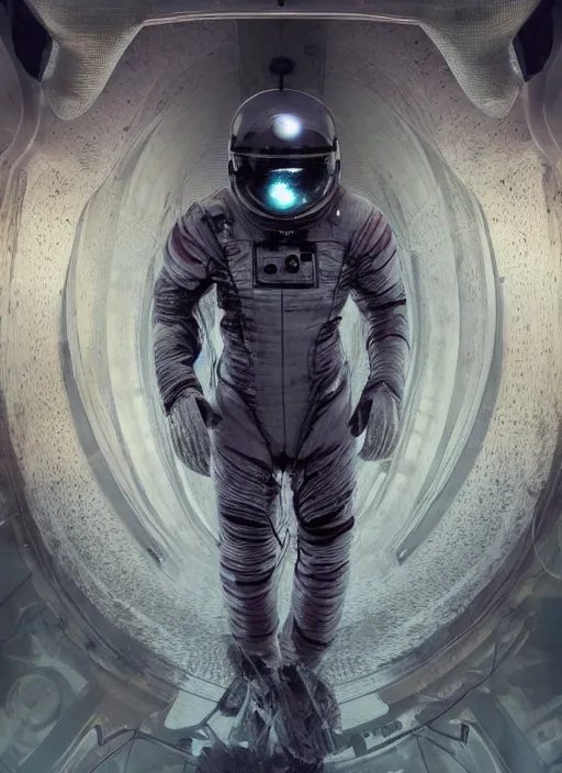 Image similar to astronauts in dark and empty void underwater - complex and hyperdetailed technical suit. reflection and dispersion materials. rays and dispersion of light. volumetric light. 5 0 mm, f / 3 2. noise film photo. flash photography. ultra realistic, wide angle. poster by wayne barlowe, hajime sorayama aaron horkey, craig mullins