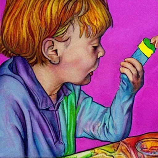 Prompt: “ old lady feeding crayons to child, bizzaro, detailed af ”