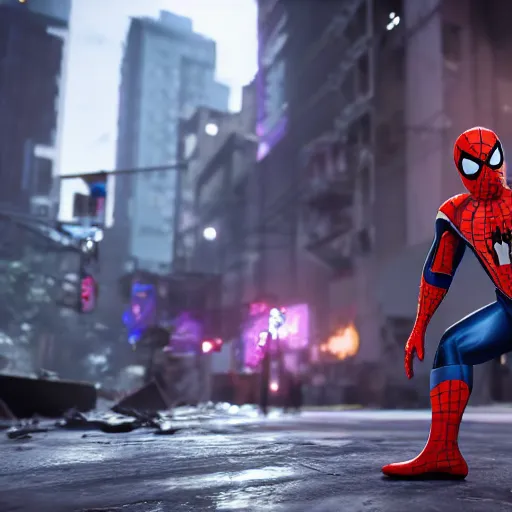 Image similar to Spider-Man in Stormtrooper suit fighting against Venom on destroyed city, Unreal Engine, 4K, Ray Tracing, cyberpunk