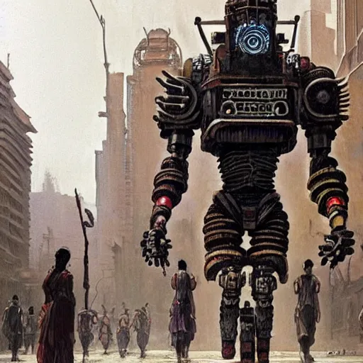 Image similar to mayan cyberpunk robot striding through streets of city, perfectly clear face, shadow of the colossus screenshot by j. c. leyendecker, simon stalenhag, studio ghibli, and beksinski