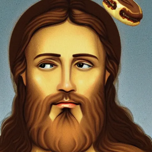 Prompt: jesus with a yellow donut on top of his head