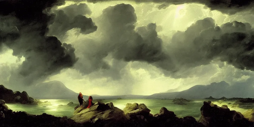 Image similar to a princess, big monster on the horizon, goya the colossus, snowy fjord, storm clouds, dramatic lighting, hudson river school, afternoon