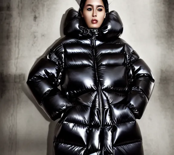 Image similar to well lit fashion shoot portrait of extremely beautiful female black marble statue wearing huge puffer jacket over size futuristic outerwear, puffer trouser, puffer jacket, puffer jacket by moncler genius, dingyun zhang, yeezy, balenciaga, vetements, sharp focus, clear, detailed, detailed, glamorous, symmetrical, vogue, editorial, fashion,