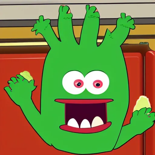 Image similar to animated fridge monster eating a pickle