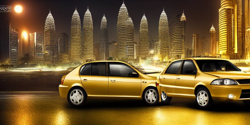 Image similar to proton saga in the middle of a malaysia city at night, gold black color, unreal 5, hyperrealistic, realistic, photorealistic, dynamic lighting, highly detailed, cinematic landscape, studio landscape, studio lighting