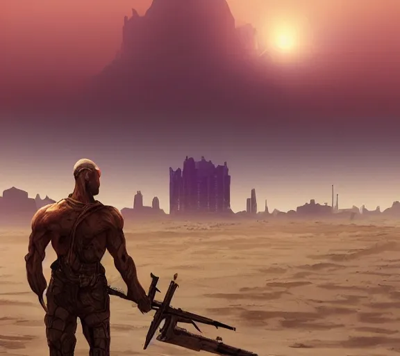 Image similar to detailed concept illustration, matte painting, strong muscular older soldier roaming through desert with city in the skyline, two suns, purple sky orange colors, ant aliens at the horizon, sharp focus, illustration, highly detailed, digital painting, concept art, matte, art by wlop and artgerm and greg rutkowski, masterpiece