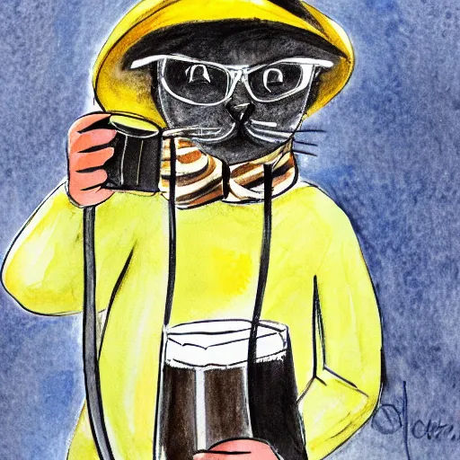 Prompt: a cat wearing a black colored bucket hat and a scarf with black and yellow stripes drinking a beer at an outdoor bar, children\'s book watercolor drawing