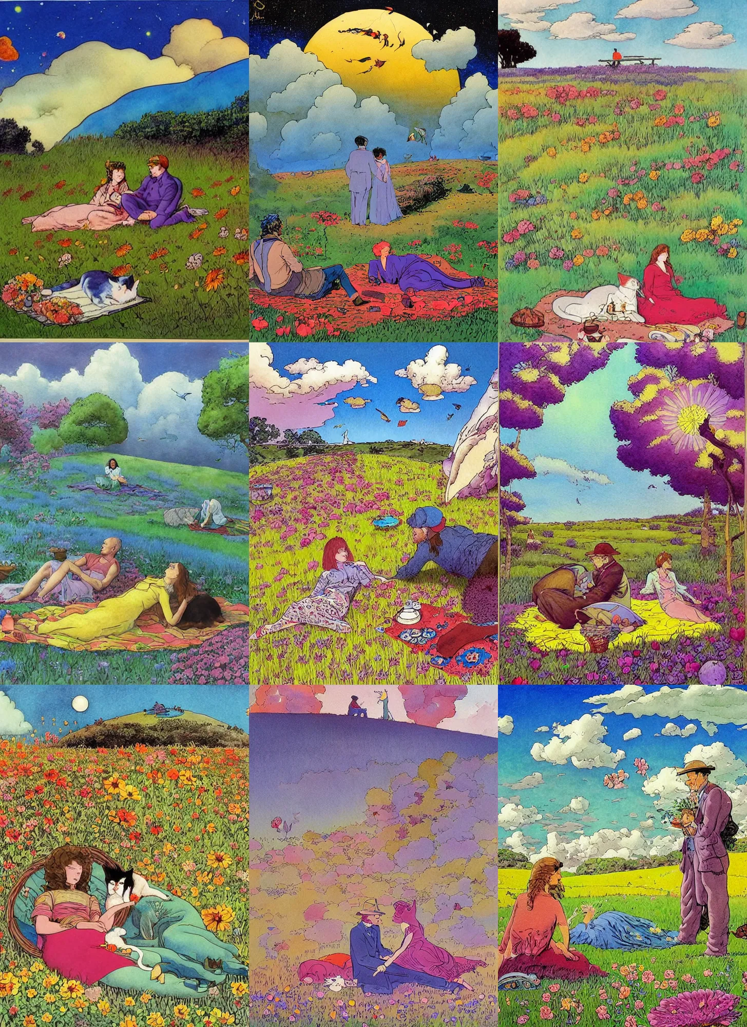 Image similar to late morning picnic scene in nature, a couple in love, fields of colorful flowers, clouds, a sleeping cat, by moebius, by jean henri gaston giraud, by jean gir, in the style of the world of edena by moebius, psychedelic fantasy and surrealism, watercolor with perfect pen outlines