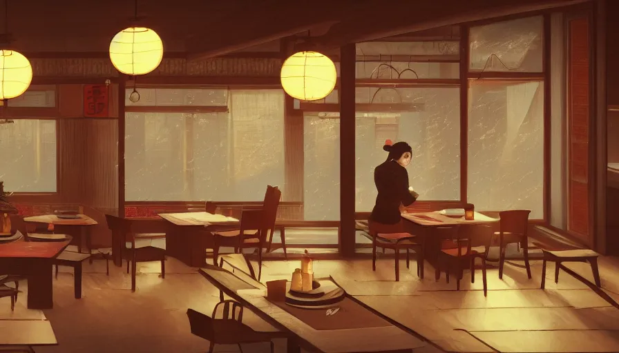 Image similar to old japanese restaurant with tables and chairs, sunrise through windows, old lady, hyperdetailed, artstation, cgsociety, 8 k