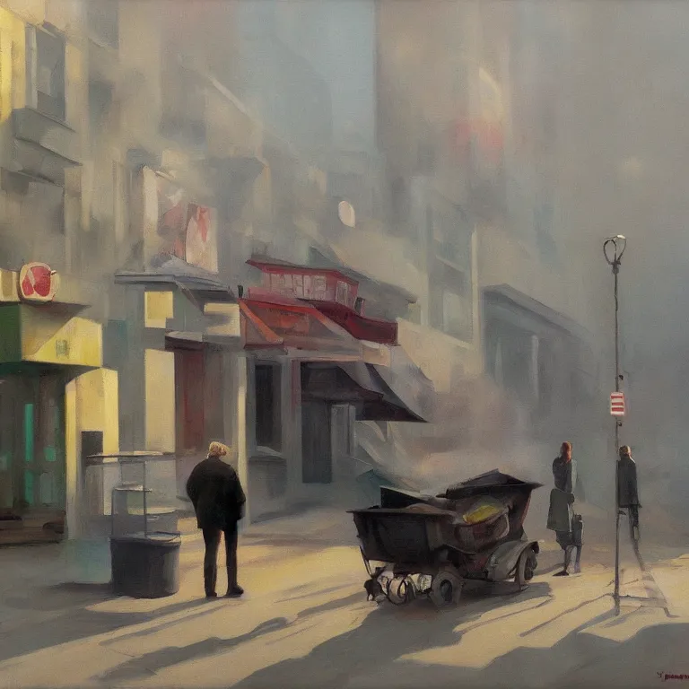 Image similar to Jenni Pasanen art everywhere, piles of trash, fog, early morning, , painted by Edward Hopper, painted by Wayne Barlow, airbrush