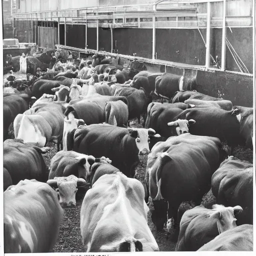 Prompt: Newspaper pictures of cows and chickens on strike over conditions in factory farms, vintage photography, highly detailed,