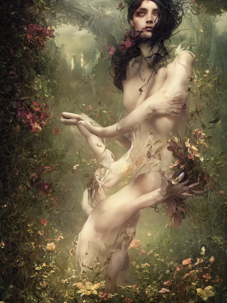 Prompt: a solarpunk very very very beautiful lush landscape of a the most beautiful nymph in a field are of broken stone words, hyperrealistic, award-winning, masterpiece, in the style of Tom Bagshaw, Cedric Peyravernay, Peter Mohrbacher