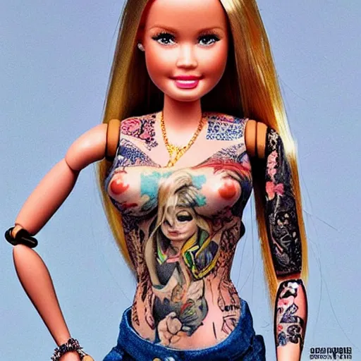 Image similar to photorealistic barbie with tattoos and torn clothes. painting by stanley lau and mc escher masterpiece