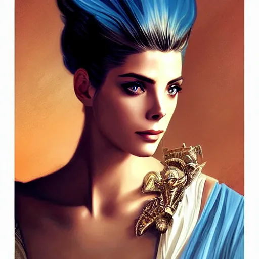 Image similar to Ashley Greene's face combined with Grace Kelly's face with blue hair wearing Final Fantasy Armor, western, D&D, fantasy, intricate, elegant, highly detailed, digital painting, artstation, concept art, matte, sharp focus, illustration, art by Artgerm and Greg Rutkowski and Alphonse Mucha