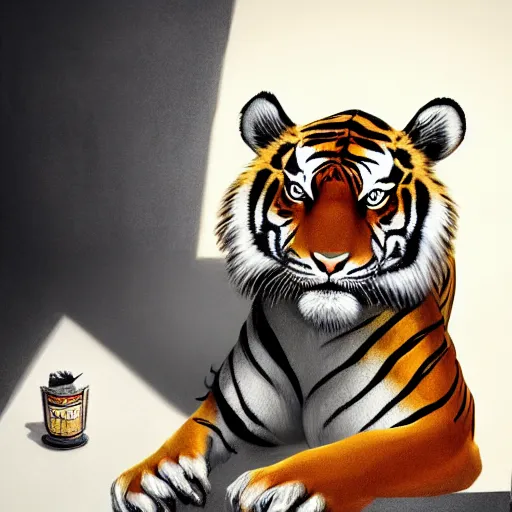 Prompt: a masterpiece portrait of a tiger dressed as a butler. highly detailed, digital painting, trending on artstation, concept art, sharp focus, illustration, global illumination, ray tracing, realistic shaded, art by artgerm and greg rutkowski and fuji choko and viktoria gavrilenko and hoang lap