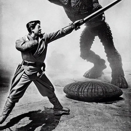 Prompt: Jedi fighting Godzilla, 1940s photograph