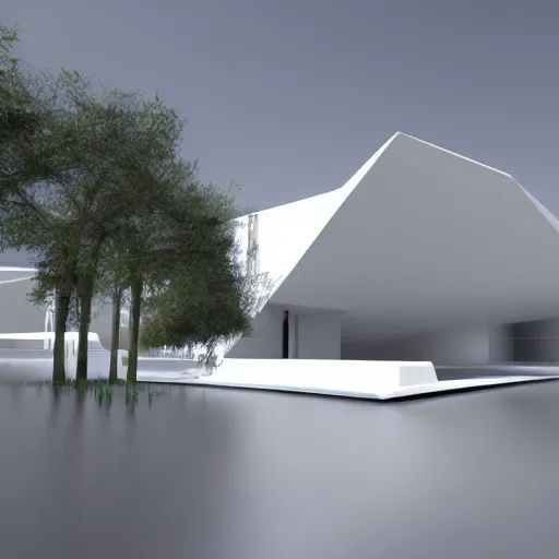 Image similar to minimalist architecture white with nature in back, cinematic lighting, 3 d, unreal engine