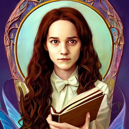 Image similar to Hermione Granger reading a book, symmetrical face, art nouveau, portrait, cute, playful, fairy, harper's bazaar, pearlescent, detailed background, featured on artstation, by Daniel Gerhartz, by ross tran, bright pastel colors, face by artgerm, by Kelly McKernan, by Charlie Bowater, by Laura rubin, 8k