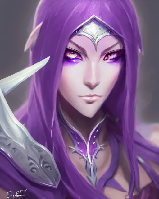 Image similar to character concept of a beautiful and strong purple female anime warrior night elf | | cute - fine - face, pretty face, realistic shaded perfect face, fine details by stanley artgerm lau, wlop, rossdraws, james jean, andrei riabovitchev, marc simonetti, and sakimichan, trending on artstation