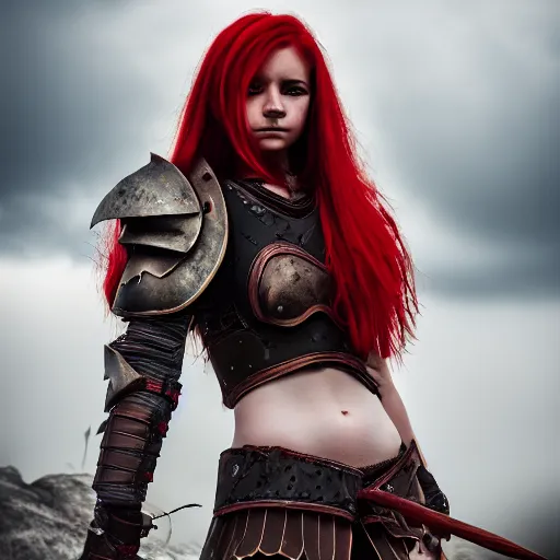 Image similar to north girl, warrior, red hair, fantasy, high detailed, photography, cloudy, lightweight armor, Scandinavia, plain, Authentic, detailed face, spear in hand