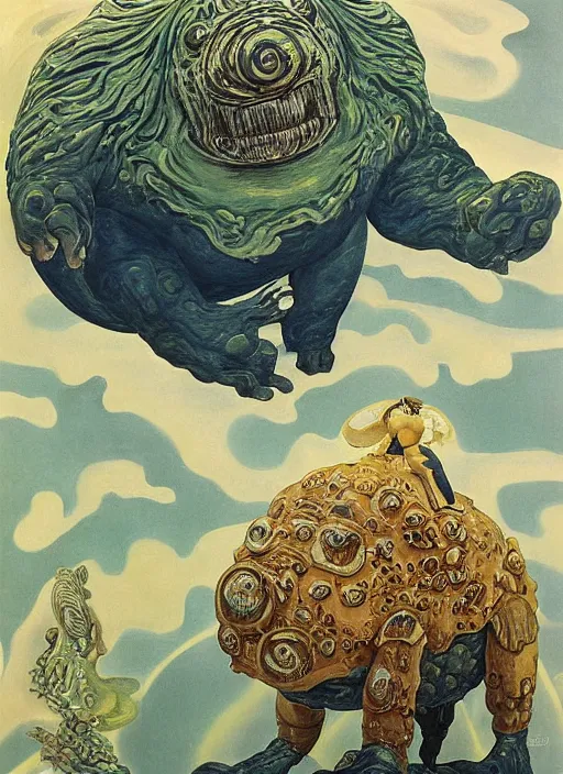 Image similar to a giant tardigrade kaiju retro japanese monster slimy, oil painting, 7 0 s vintage art, by georgia o keeffe, by kay nielsen, by gustave dore, by frank frazetta, nausicaa